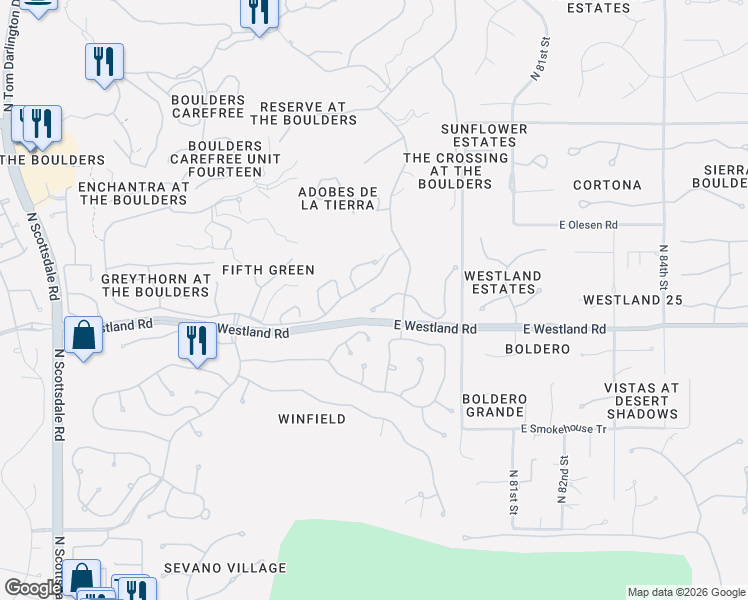 map of restaurants, bars, coffee shops, grocery stores, and more near 7872 East Thorntree Drive in Scottsdale