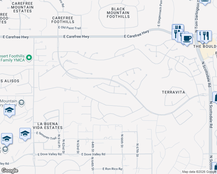 map of restaurants, bars, coffee shops, grocery stores, and more near 6510 East Night Glow Circle in Scottsdale