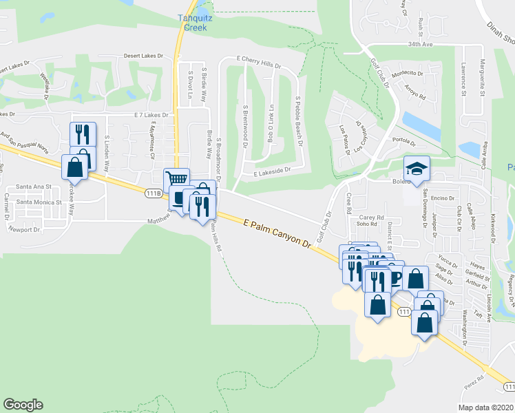 map of restaurants, bars, coffee shops, grocery stores, and more near 5300 East Waverly Drive in Palm Springs