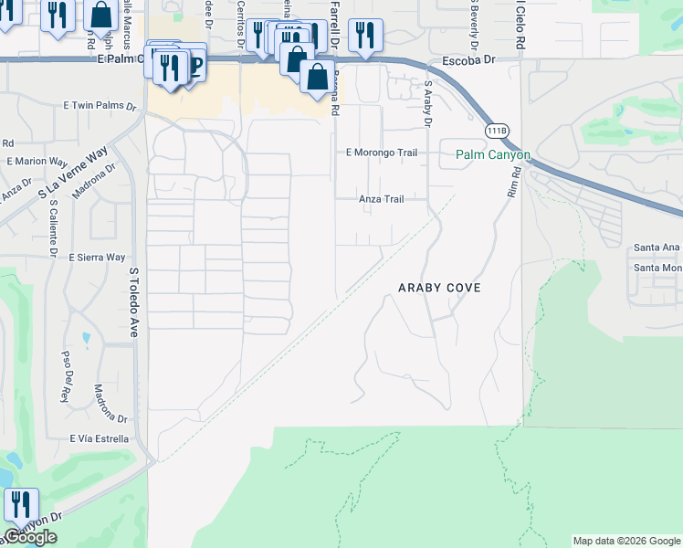 map of restaurants, bars, coffee shops, grocery stores, and more near 2169 Marabella Lane in Palm Springs