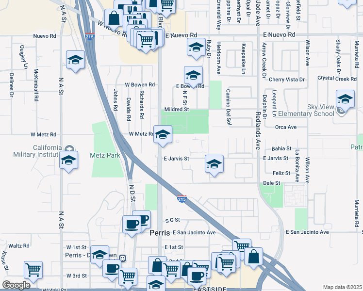 map of restaurants, bars, coffee shops, grocery stores, and more near 915 North Perris Boulevard in Perris