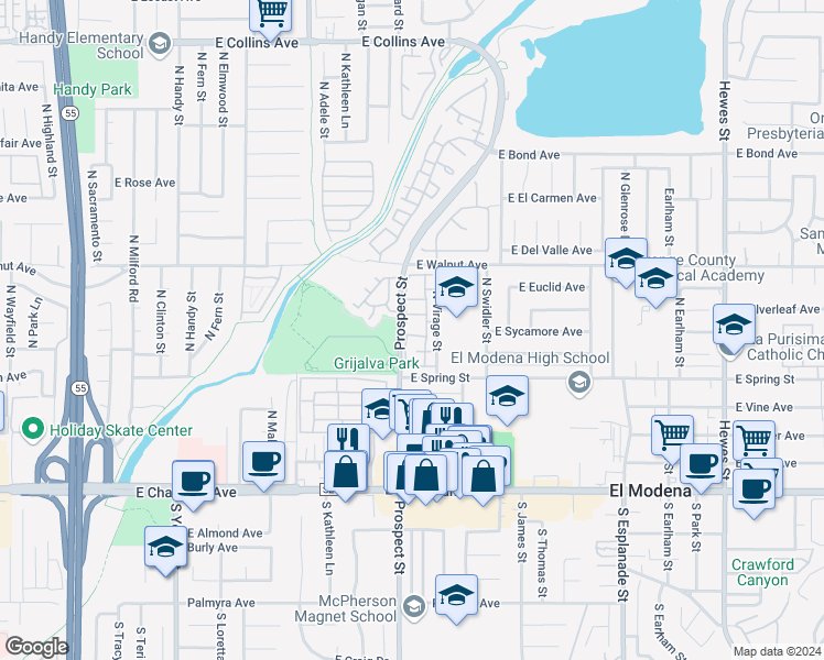 map of restaurants, bars, coffee shops, grocery stores, and more near 3331 East Carnegie Lane in Orange