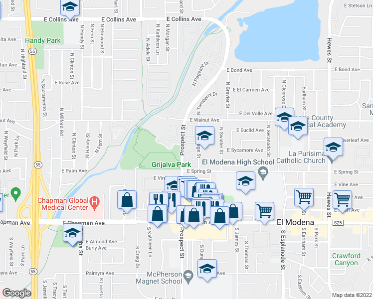 map of restaurants, bars, coffee shops, grocery stores, and more near 3331 East Carnegie Lane in Orange