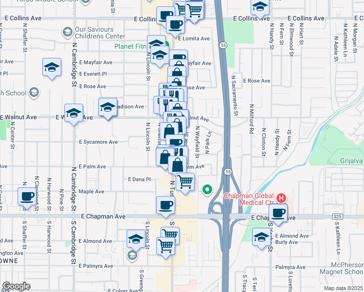 map of restaurants, bars, coffee shops, grocery stores, and more near 401 North Tustin Street in Orange
