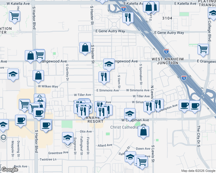 map of restaurants, bars, coffee shops, grocery stores, and more near 142 East Wilken Way in Anaheim