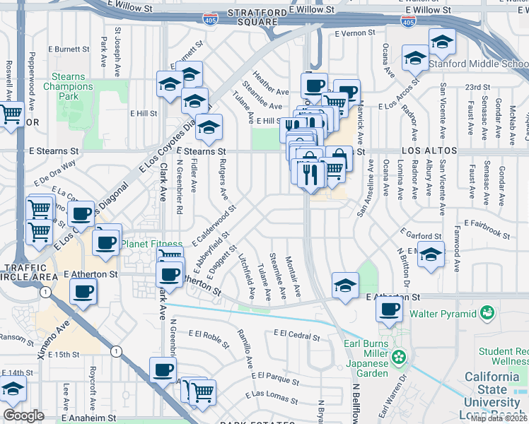 map of restaurants, bars, coffee shops, grocery stores, and more near 5414 East Abbeyfield Street in Long Beach