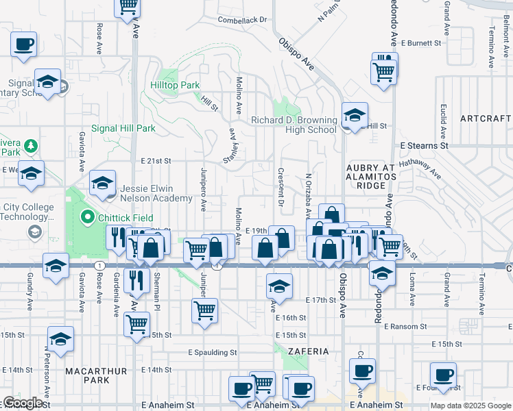 map of restaurants, bars, coffee shops, grocery stores, and more near 2744 East 20th Street in Signal Hill