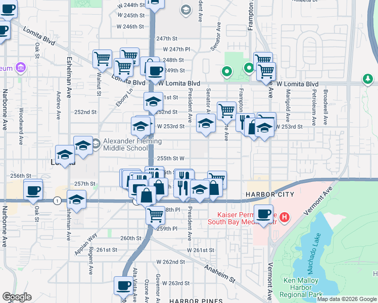 map of restaurants, bars, coffee shops, grocery stores, and more near 1618 254th Street in Los Angeles