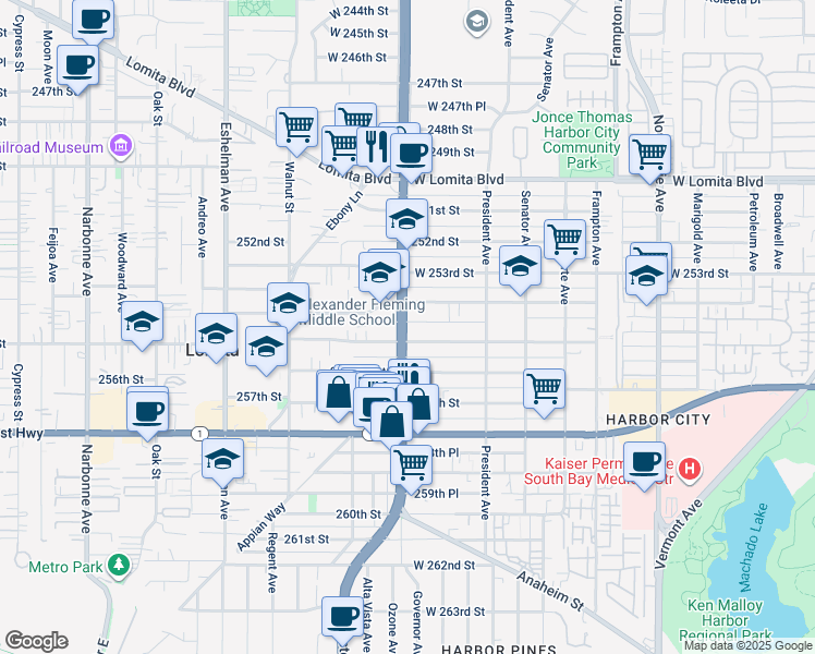 map of restaurants, bars, coffee shops, grocery stores, and more near 25401 South Western Avenue in Lomita
