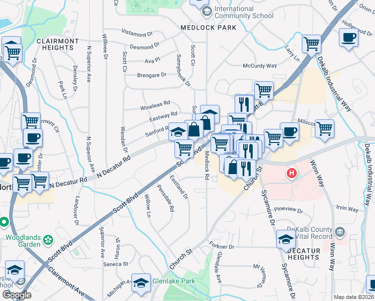 map of restaurants, bars, coffee shops, grocery stores, and more near 2477 North Decatur Road in Decatur