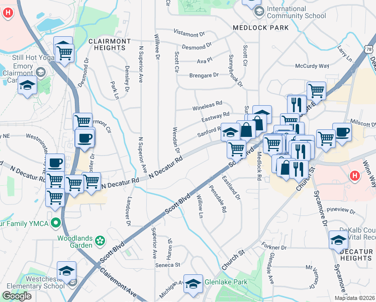 map of restaurants, bars, coffee shops, grocery stores, and more near 2386 North Decatur Road in Decatur