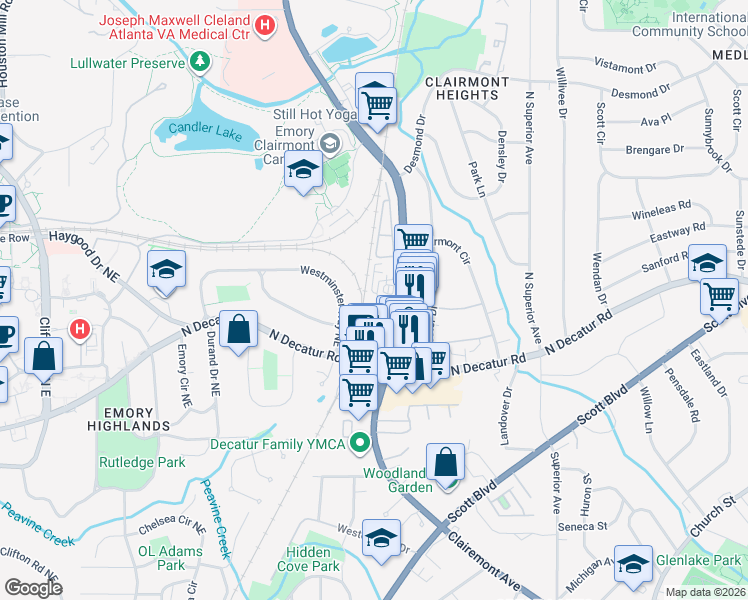 map of restaurants, bars, coffee shops, grocery stores, and more near 1986 Westminster Way Northeast in Atlanta