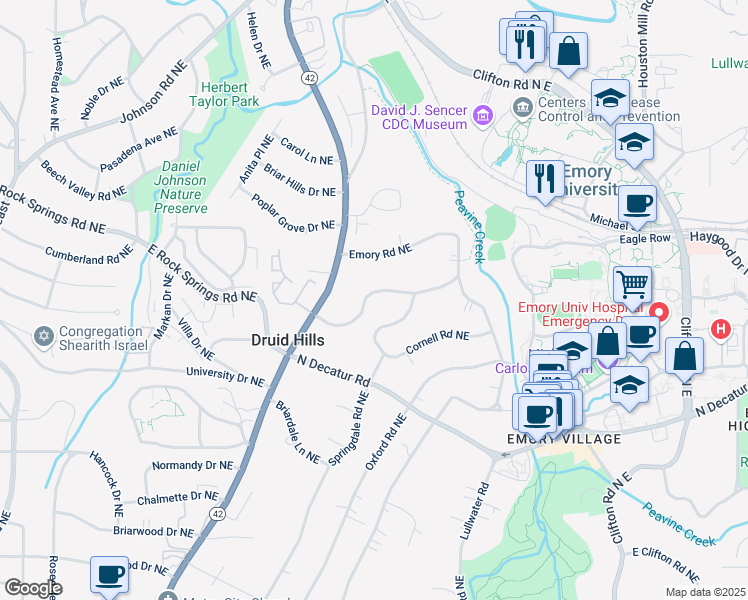 map of restaurants, bars, coffee shops, grocery stores, and more near 1355 Harvard Road Northeast in Atlanta
