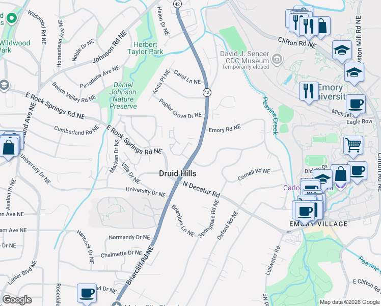 map of restaurants, bars, coffee shops, grocery stores, and more near 1400 Briarcliff Road Northeast in Atlanta