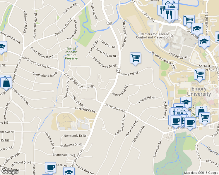 map of restaurants, bars, coffee shops, grocery stores, and more near 1400 Briarcliff Road Northeast in Atlanta