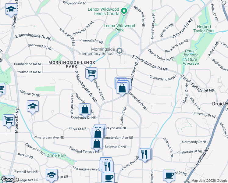map of restaurants, bars, coffee shops, grocery stores, and more near 1419 Lanier Place Northeast in Atlanta