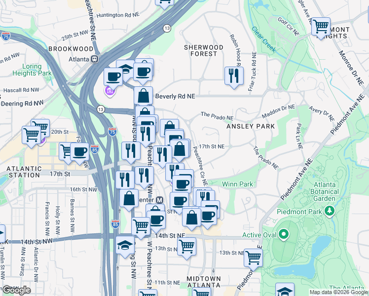 map of restaurants, bars, coffee shops, grocery stores, and more near 64 17th Street Northwest in Atlanta