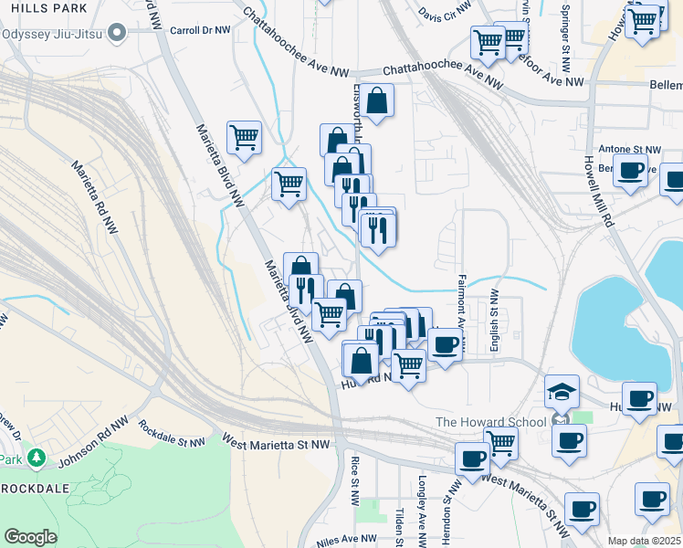 map of restaurants, bars, coffee shops, grocery stores, and more near 1375 Rietveld Row Northwest in Atlanta