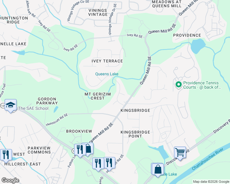 map of restaurants, bars, coffee shops, grocery stores, and more near 580 Mount Gerizim Road Southeast in Mableton