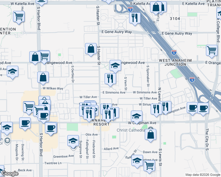 map of restaurants, bars, coffee shops, grocery stores, and more near 201 East Ponderosa Lane in Anaheim