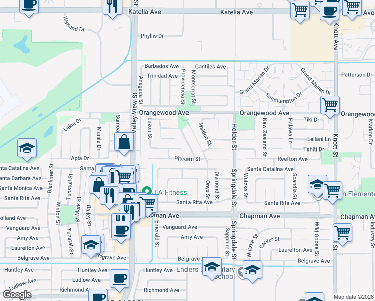 map of restaurants, bars, coffee shops, grocery stores, and more near 11665 Mindanao Street in Cypress