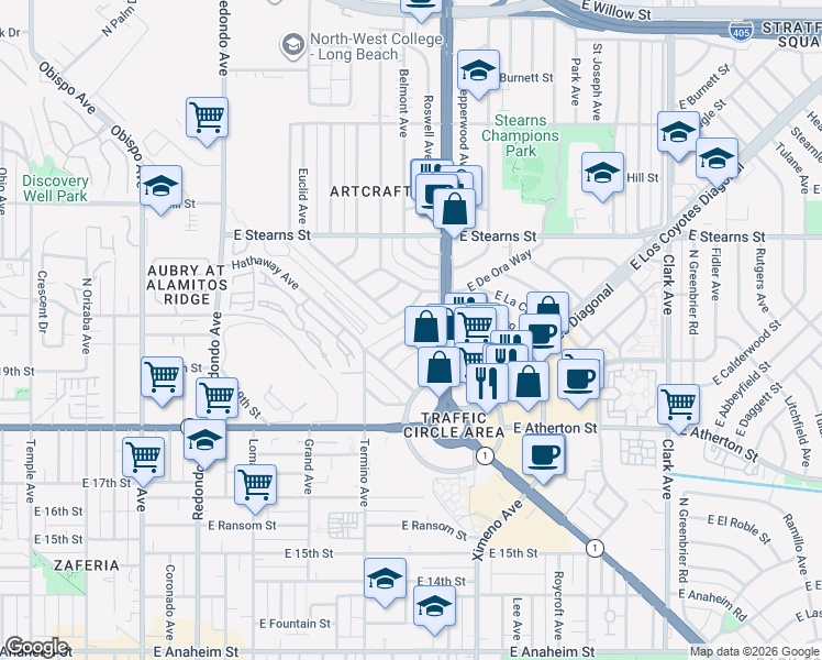map of restaurants, bars, coffee shops, grocery stores, and more near 4080 East La Cara Street in Long Beach