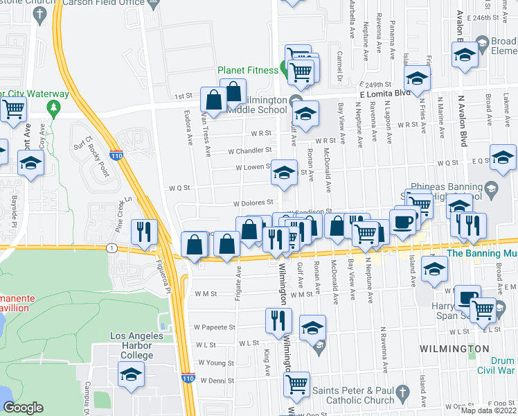 map of restaurants, bars, coffee shops, grocery stores, and more near 1036 West Dolores Street in Los Angeles