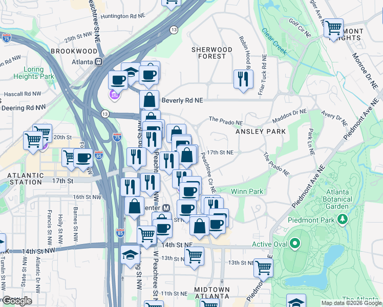 map of restaurants, bars, coffee shops, grocery stores, and more near 64 17th Street Northwest in Atlanta