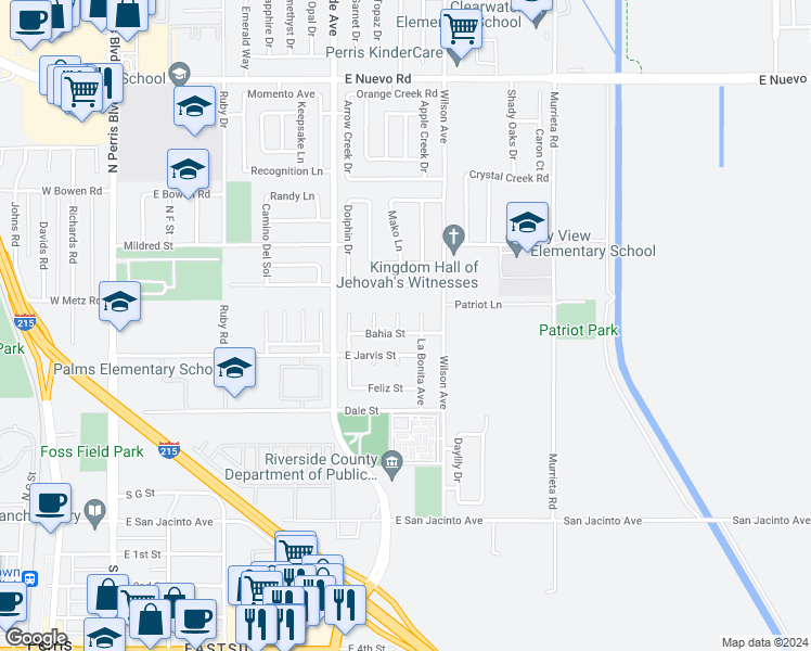 map of restaurants, bars, coffee shops, grocery stores, and more near 713 Manecita Circle in Perris