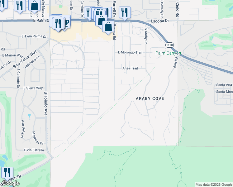 map of restaurants, bars, coffee shops, grocery stores, and more near 2169 Marabella Lane in Palm Springs