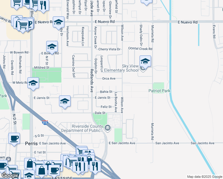 map of restaurants, bars, coffee shops, grocery stores, and more near 713 Manecita Circle in Perris