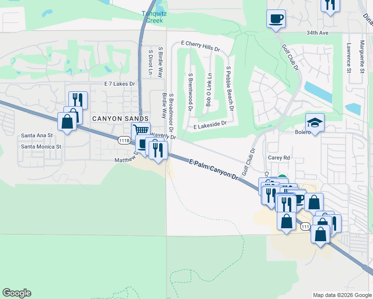 map of restaurants, bars, coffee shops, grocery stores, and more near 5175 East Waverly Drive in Palm Springs