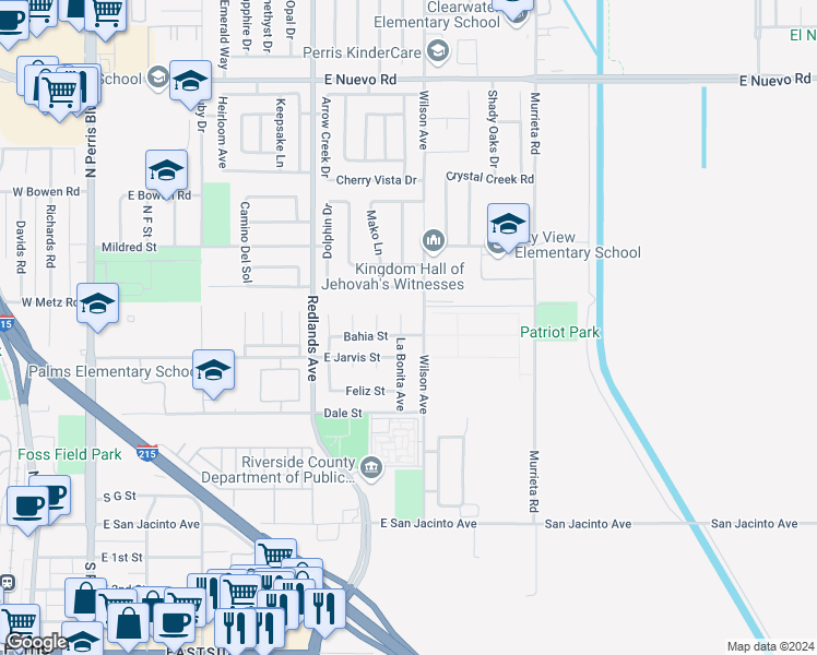map of restaurants, bars, coffee shops, grocery stores, and more near 713 La Bonita Avenue in Perris