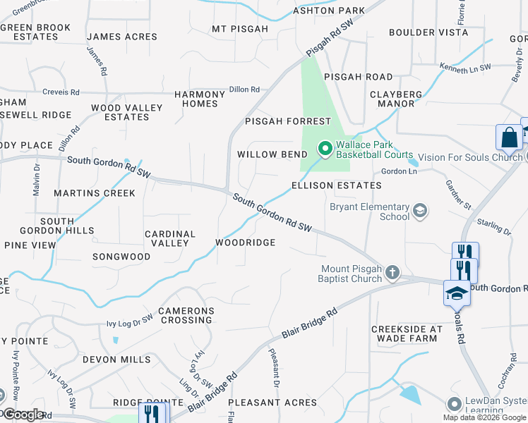map of restaurants, bars, coffee shops, grocery stores, and more near 6587 Willow Bend Lane in Austell