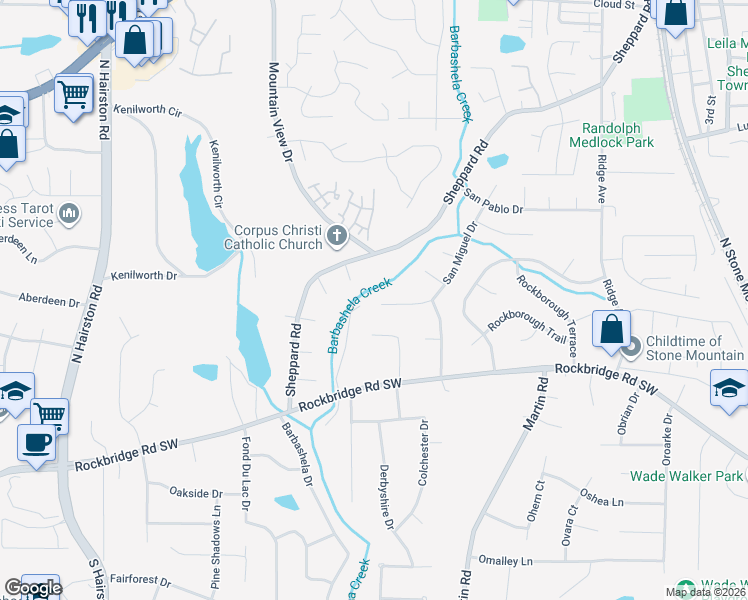 map of restaurants, bars, coffee shops, grocery stores, and more near 844 San Miguel Drive in Stone Mountain
