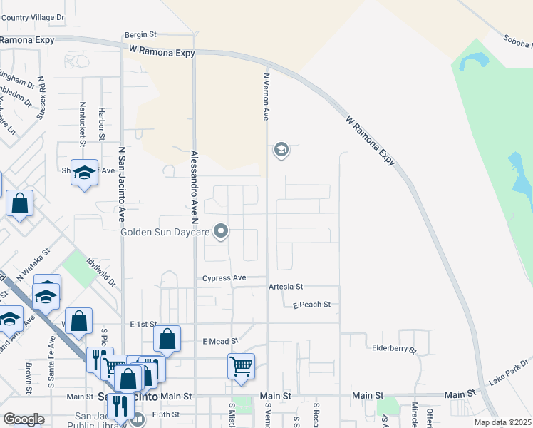 map of restaurants, bars, coffee shops, grocery stores, and more near North Vernon Avenue in San Jacinto