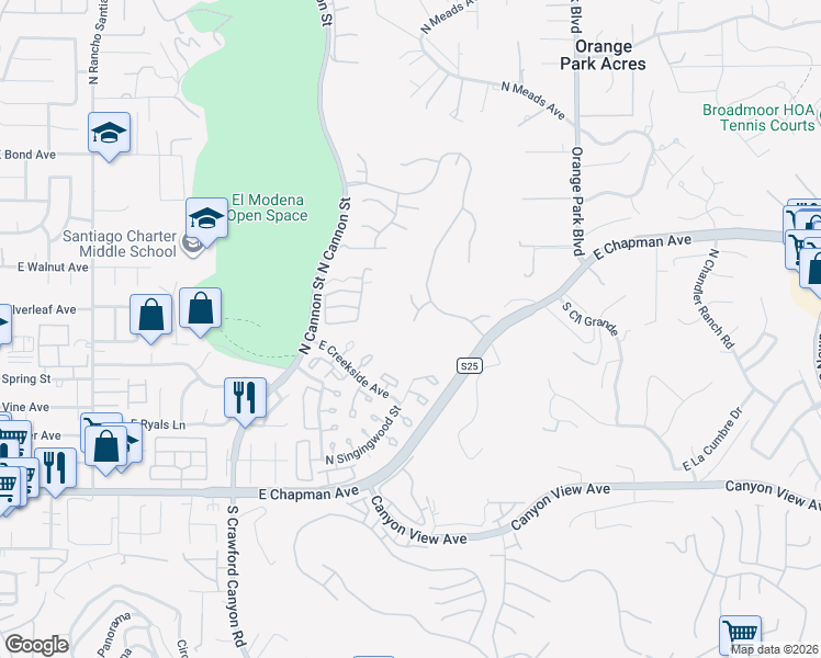 map of restaurants, bars, coffee shops, grocery stores, and more near 6222 East Inverness Place in Orange