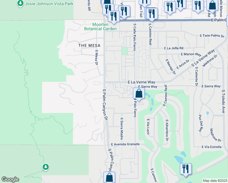 map of restaurants, bars, coffee shops, grocery stores, and more near 251 East La Verne Way in Palm Springs