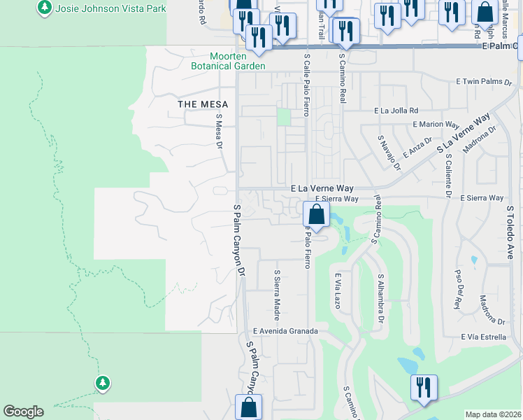 map of restaurants, bars, coffee shops, grocery stores, and more near 231 East La Verne Way in Palm Springs