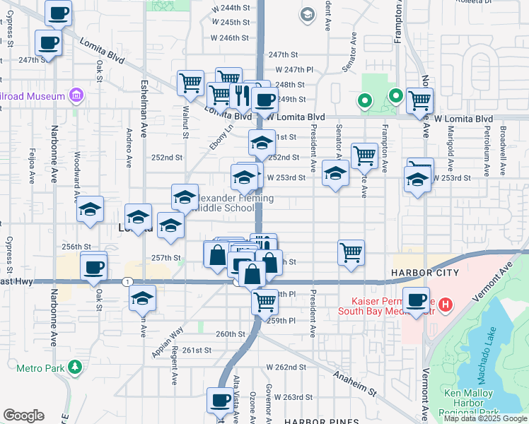 map of restaurants, bars, coffee shops, grocery stores, and more near 25424 South Western Avenue in Los Angeles