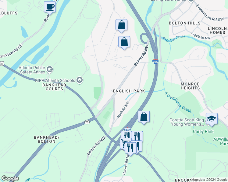 map of restaurants, bars, coffee shops, grocery stores, and more near 1380 Bolton Road Northwest in Atlanta
