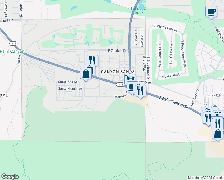 map of restaurants, bars, coffee shops, grocery stores, and more near Lavender Lane in Palm Springs