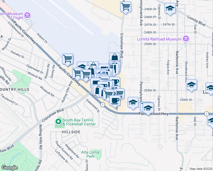 map of restaurants, bars, coffee shops, grocery stores, and more near 25352 Crenshaw Boulevard in Torrance
