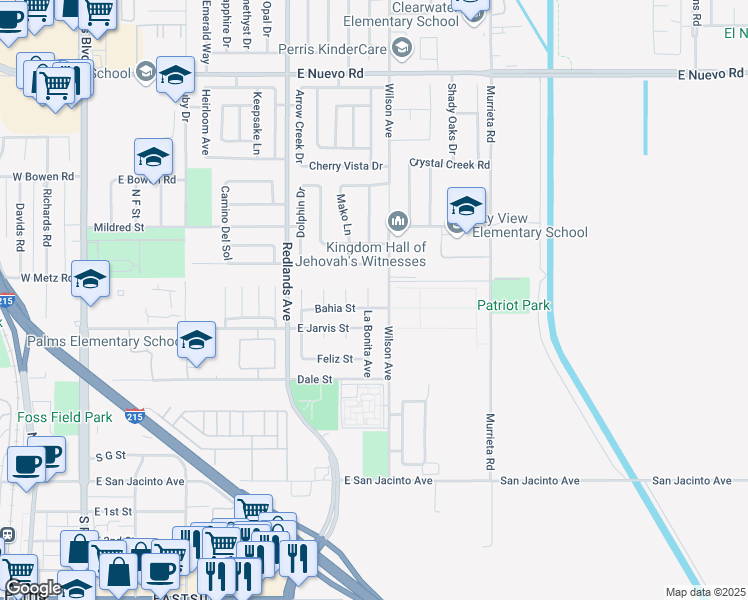 map of restaurants, bars, coffee shops, grocery stores, and more near 713 La Bonita Avenue in Perris