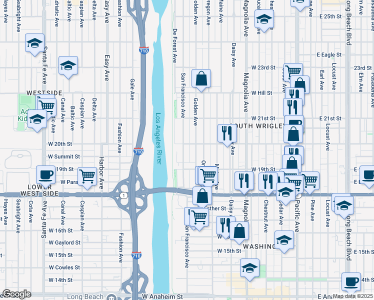 map of restaurants, bars, coffee shops, grocery stores, and more near 855 West 20th Street in Long Beach