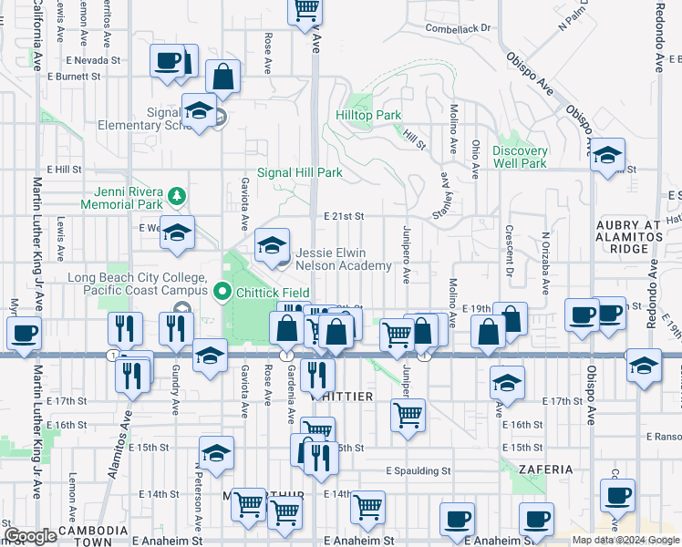 map of restaurants, bars, coffee shops, grocery stores, and more near 1970 Saint Louis Avenue in Signal Hill