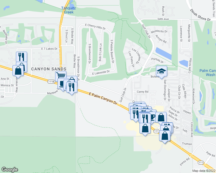 map of restaurants, bars, coffee shops, grocery stores, and more near 5300 East Waverly Drive in Palm Springs