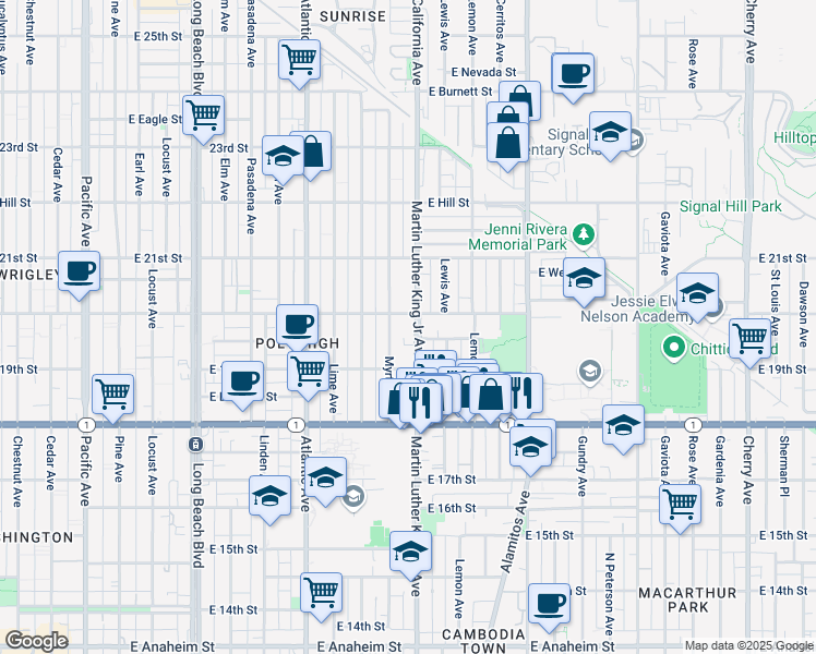 map of restaurants, bars, coffee shops, grocery stores, and more near 1975 Martin Luther King Junior Avenue in Long Beach
