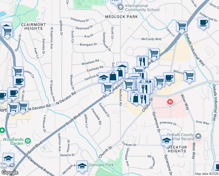 map of restaurants, bars, coffee shops, grocery stores, and more near 2477 North Decatur Road in Decatur