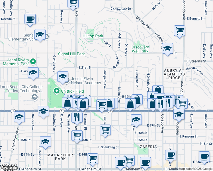 map of restaurants, bars, coffee shops, grocery stores, and more near 1972 Junipero Avenue in Signal Hill